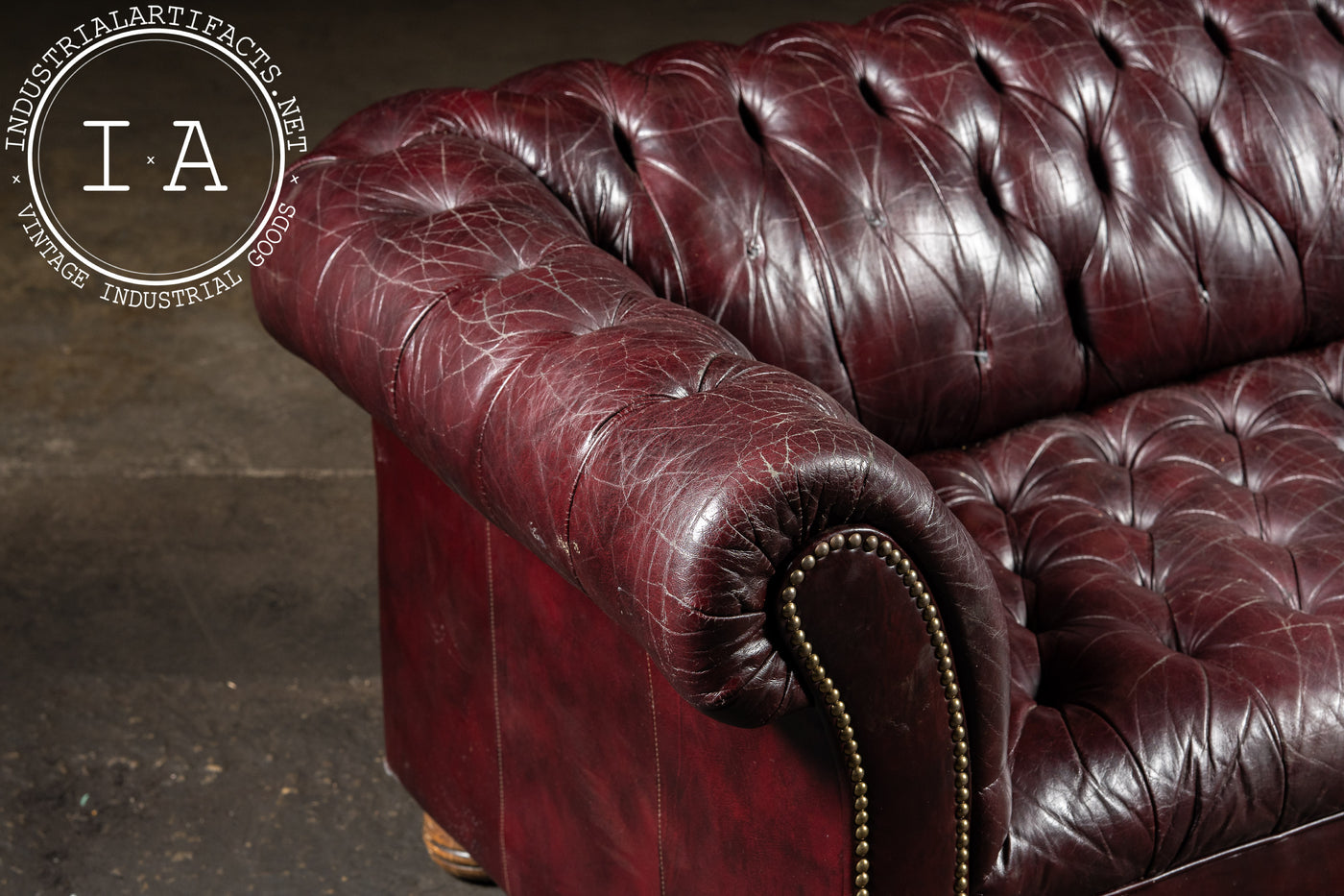Deep Oxblood Leather Chesterfield Sofa with Nailhead Trim