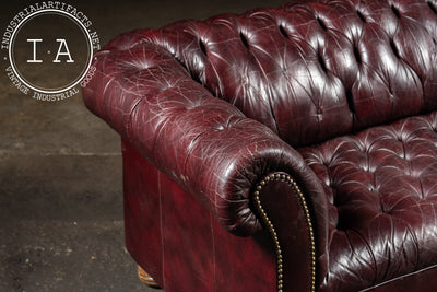 Deep Oxblood Leather Chesterfield Sofa with Nailhead Trim
