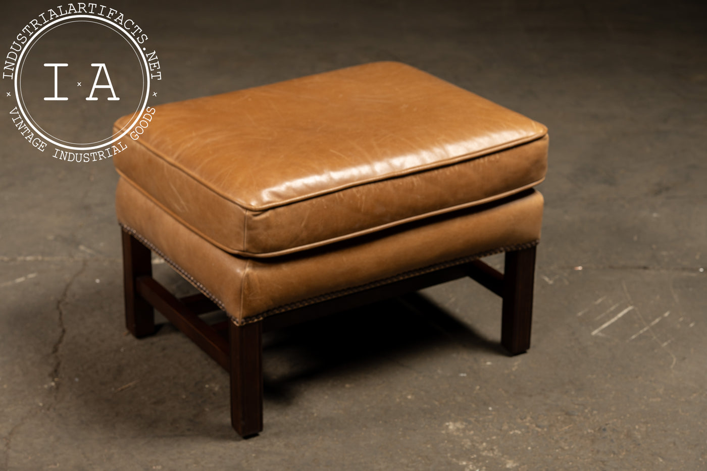 Vintage Leather Wingback Armchair With Ottoman in Tan