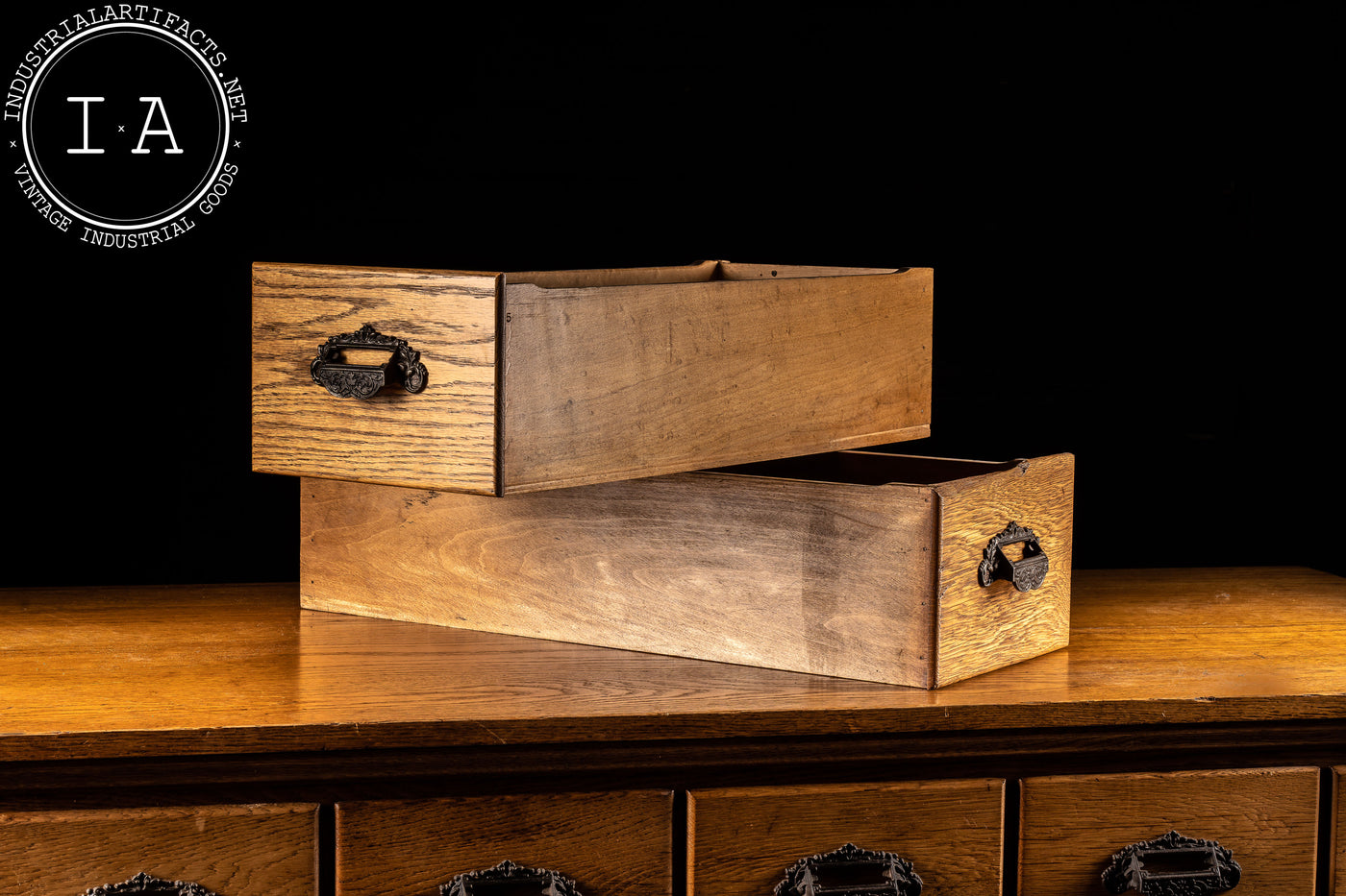 c. 1910s Oak Wood Long Drawer Apothecary Cabinet