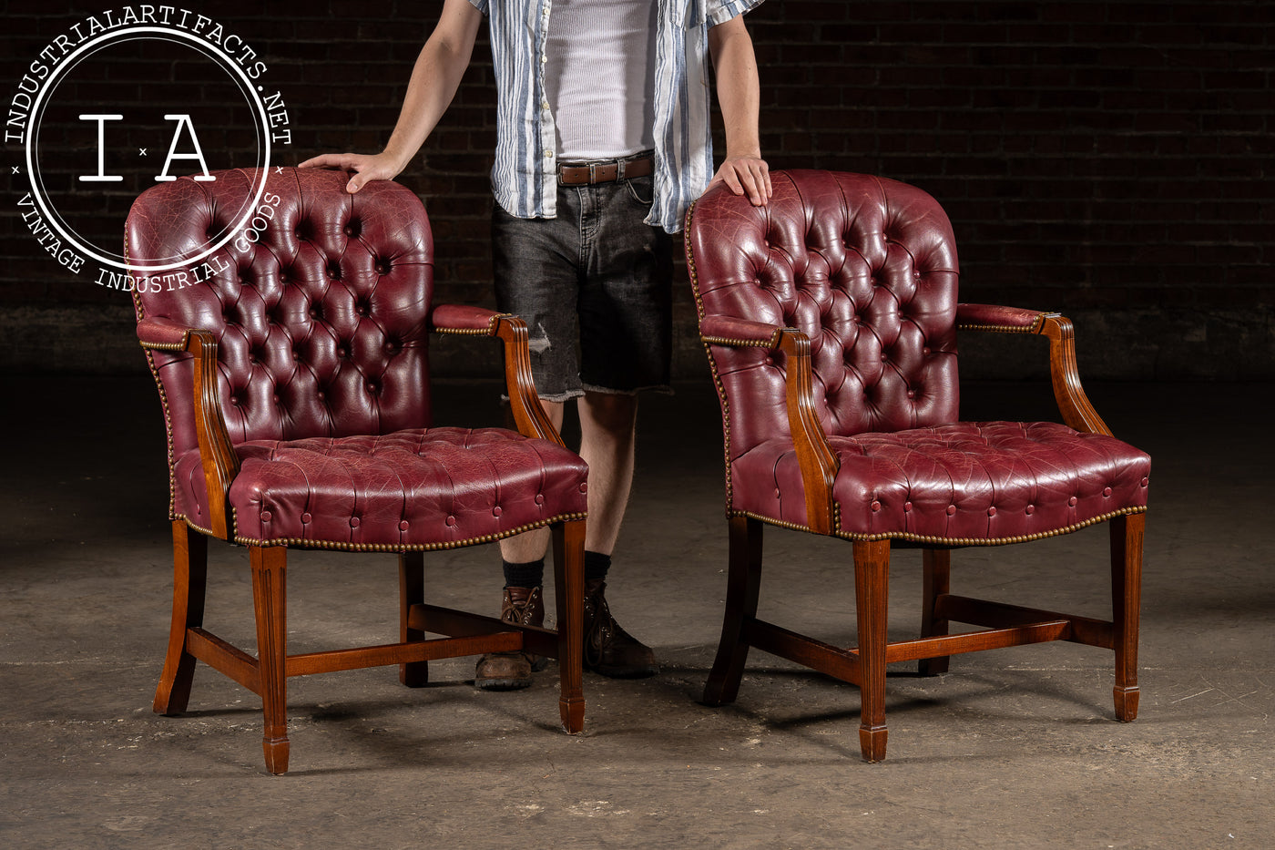 Pair of Tufted Leather Round-Back Dining Chairs in Burgundy