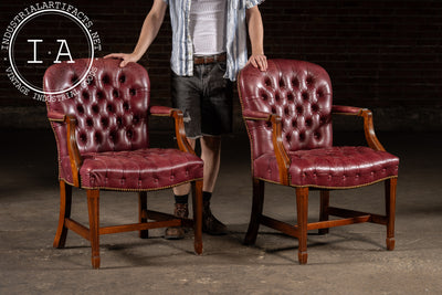 Pair of Tufted Leather Round-Back Dining Chairs in Burgundy