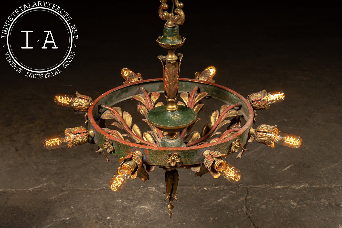 Mediterranean Revival Wrought Iron and Tole Circular Chandelier