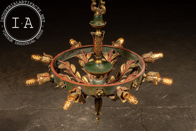 Mediterranean Revival Wrought Iron and Tole Circular Chandelier