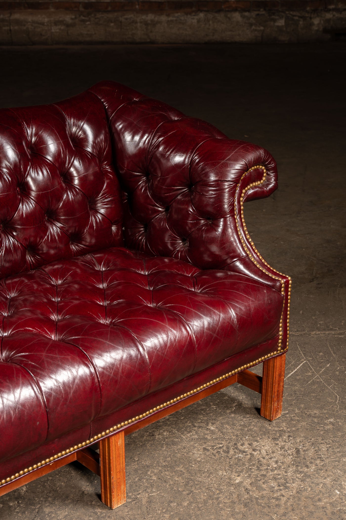 Vintage Chippendale-Style Camelback Chesterfield Leather Sofa in Oxblood