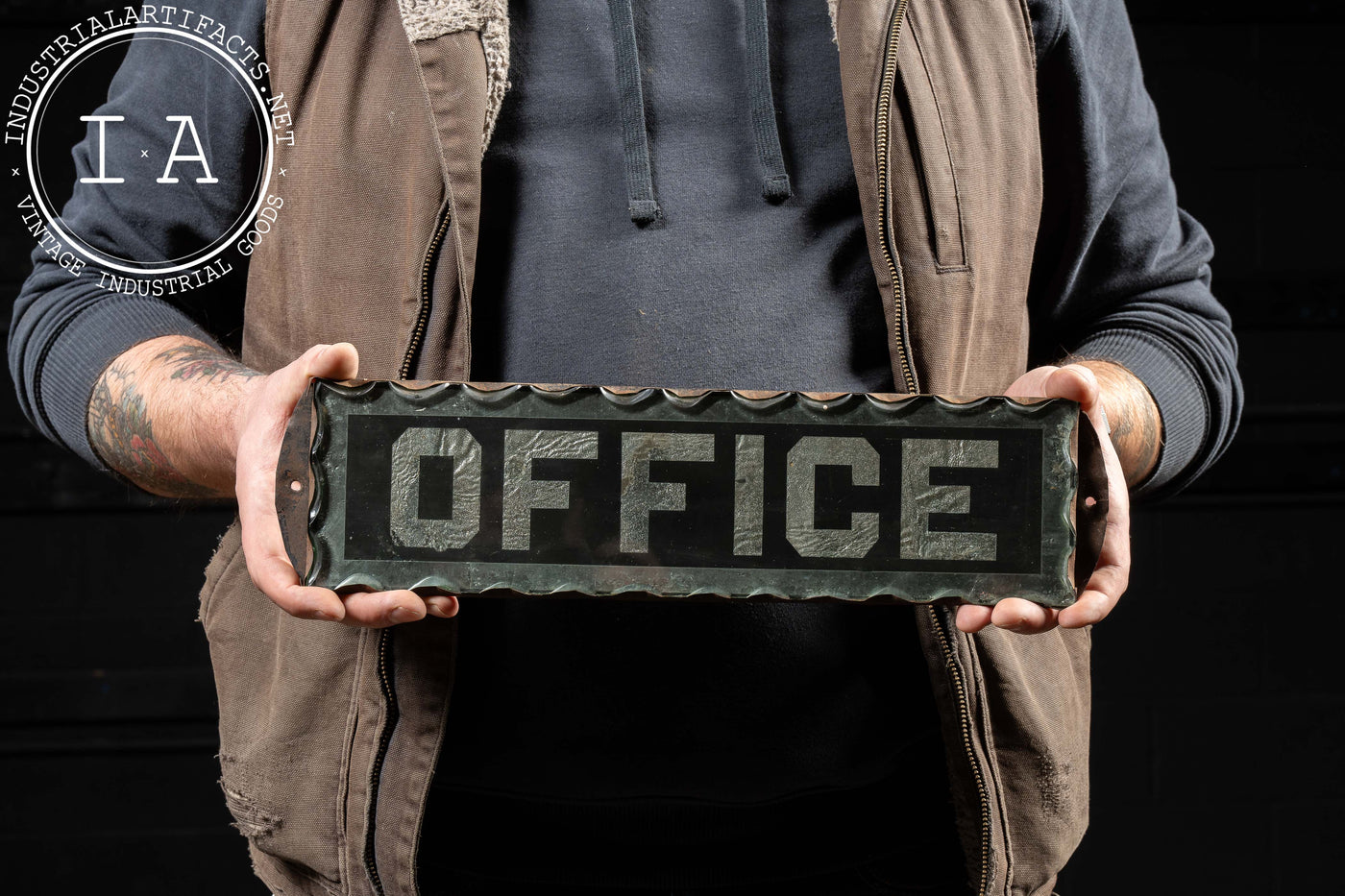 Antique "Office" Foil-Backed Scalloped-Edged Glass Sign