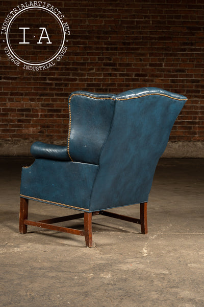 Vintage Tufted Leather Chesterfield Wingback Armchair in Blue