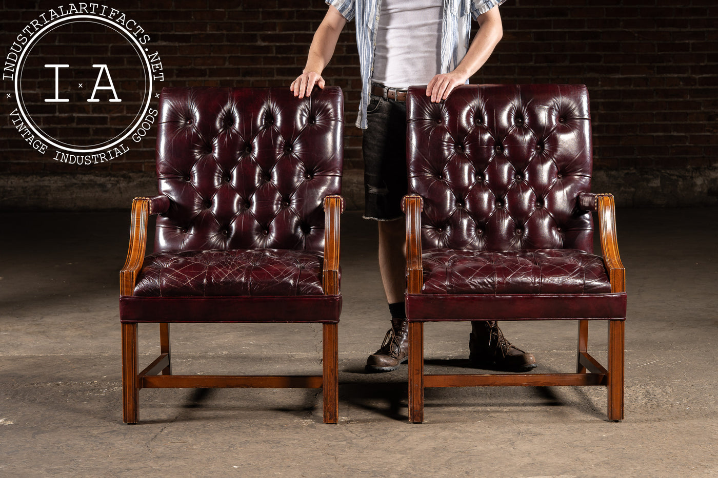 Pair of Tufted Leather Square-Back Dining Chairs in Oxblood