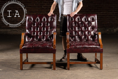 Pair of Tufted Leather Square-Back Dining Chairs in Oxblood