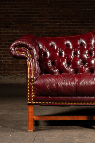 Vintage Chippendale-Style Camelback Chesterfield Leather Sofa in Oxblood