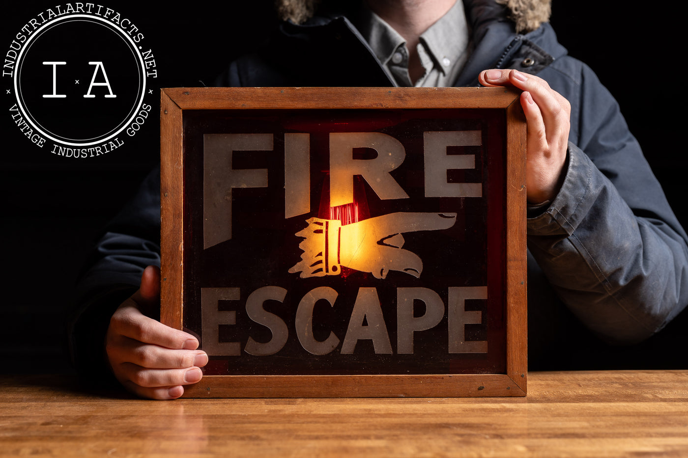 Antique Double-Sided Etched Glass Fire Escape Lighted Sign