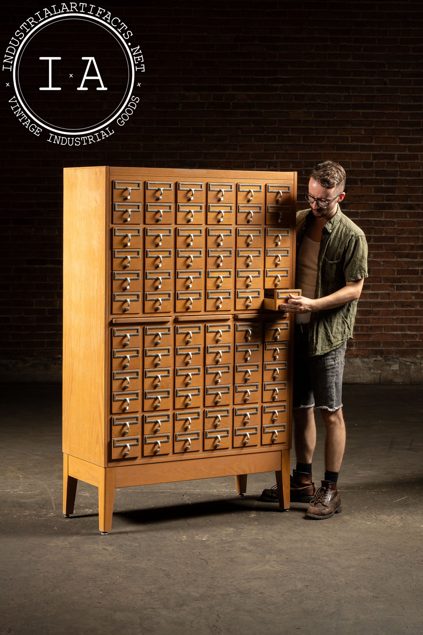 Vintage 72 Drawer Oak Library Card Catalog Cabinet with Writing Surfaces