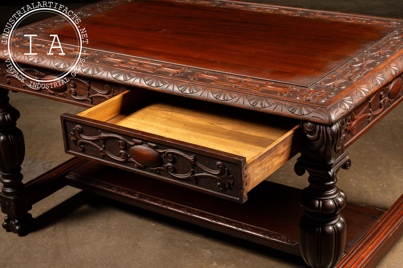 Early 20th Century Carved Mahogany Library Table