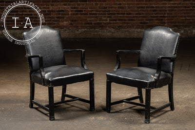 Pair Of Black Leather Revival Armchairs with Nailhead Trim