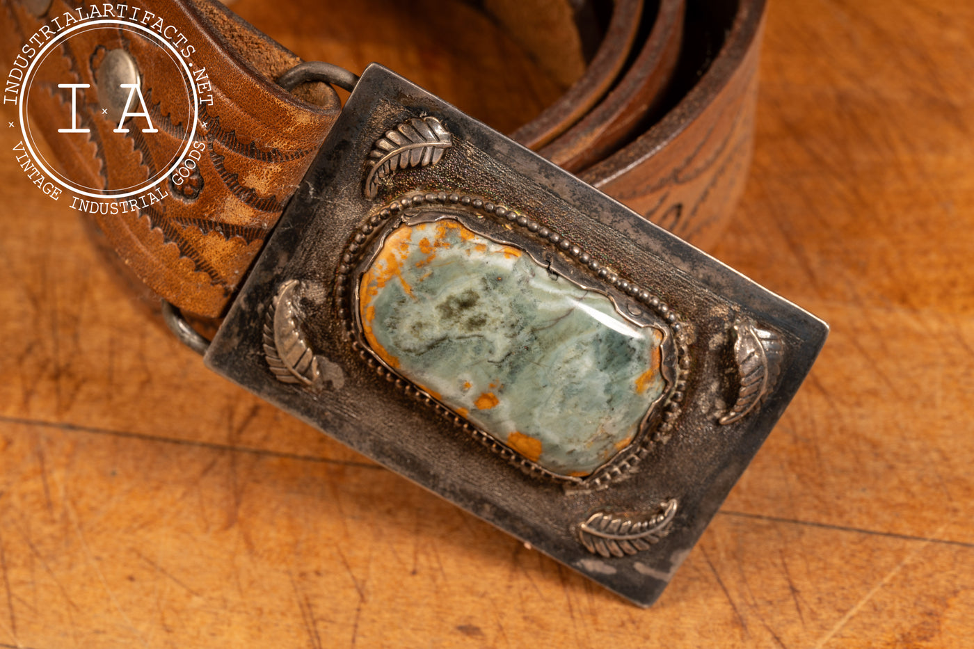 Vintage Embossed Leather Belt with Sterling and Agate Buckle