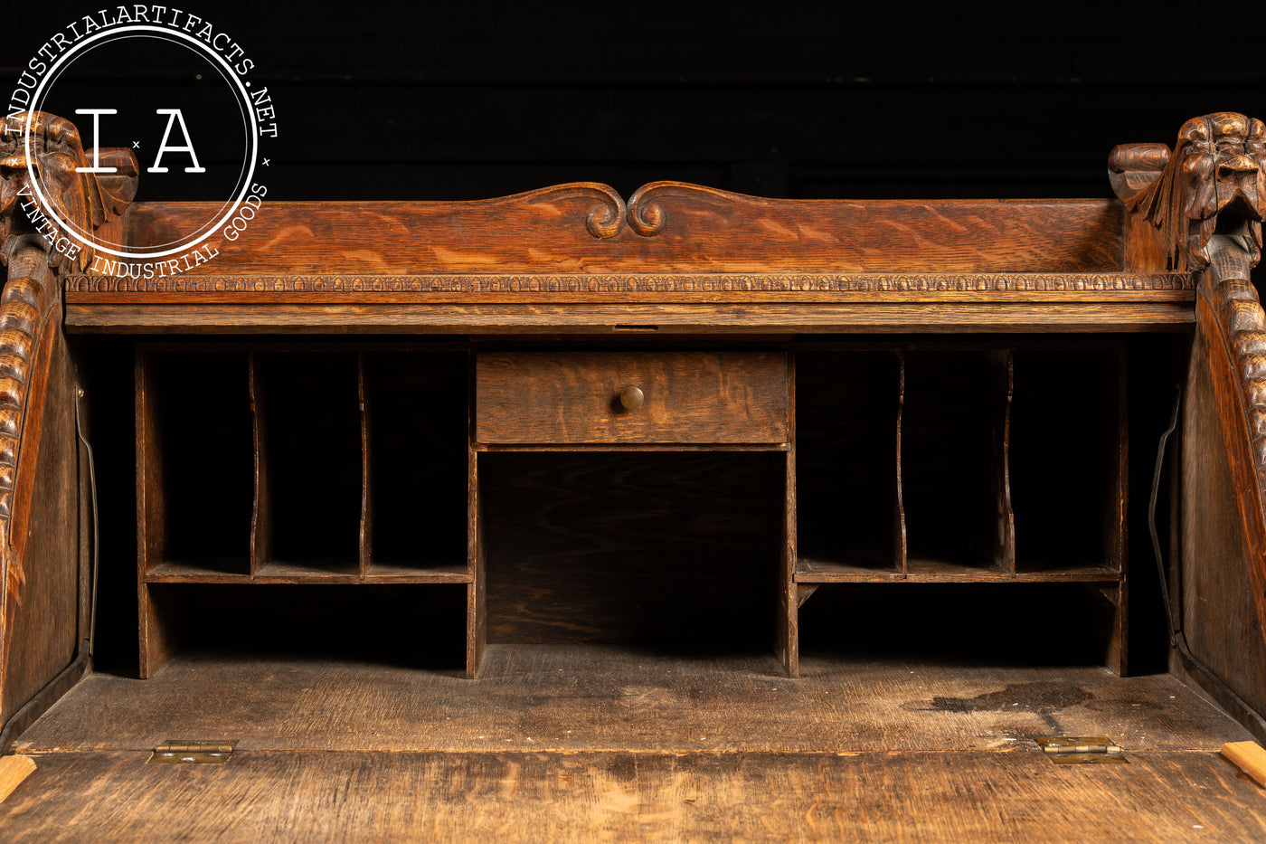 Late 19th Century Oak Green Man Slant-Lid Desk