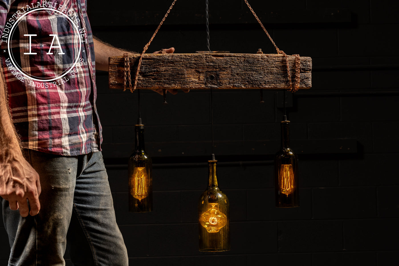 Reclaimed Bottle Chandelier with Rustic Beam Mount