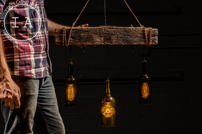 Reclaimed Bottle Chandelier with Rustic Beam Mount
