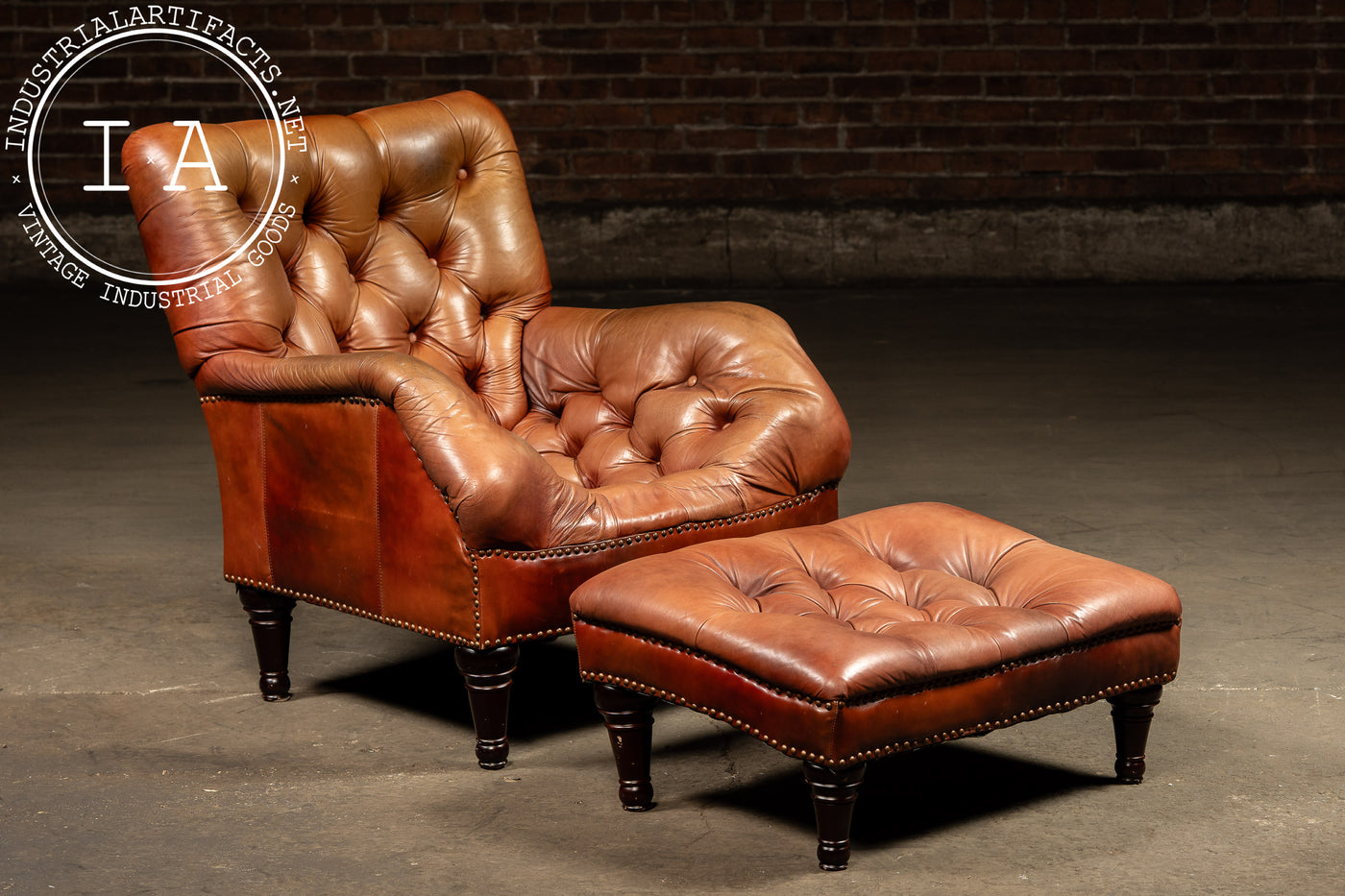 Tufted Chesterfield Sleepy Hollow Chair with Ottoman in Tan
