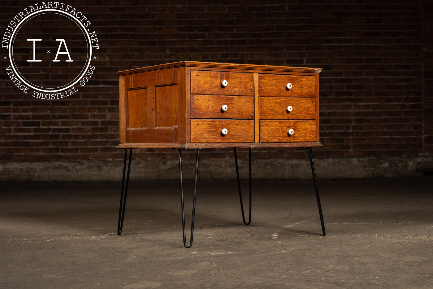 Vintage Quarter-Sawn Oak Six Drawer Cabinet on Hairpin Legs