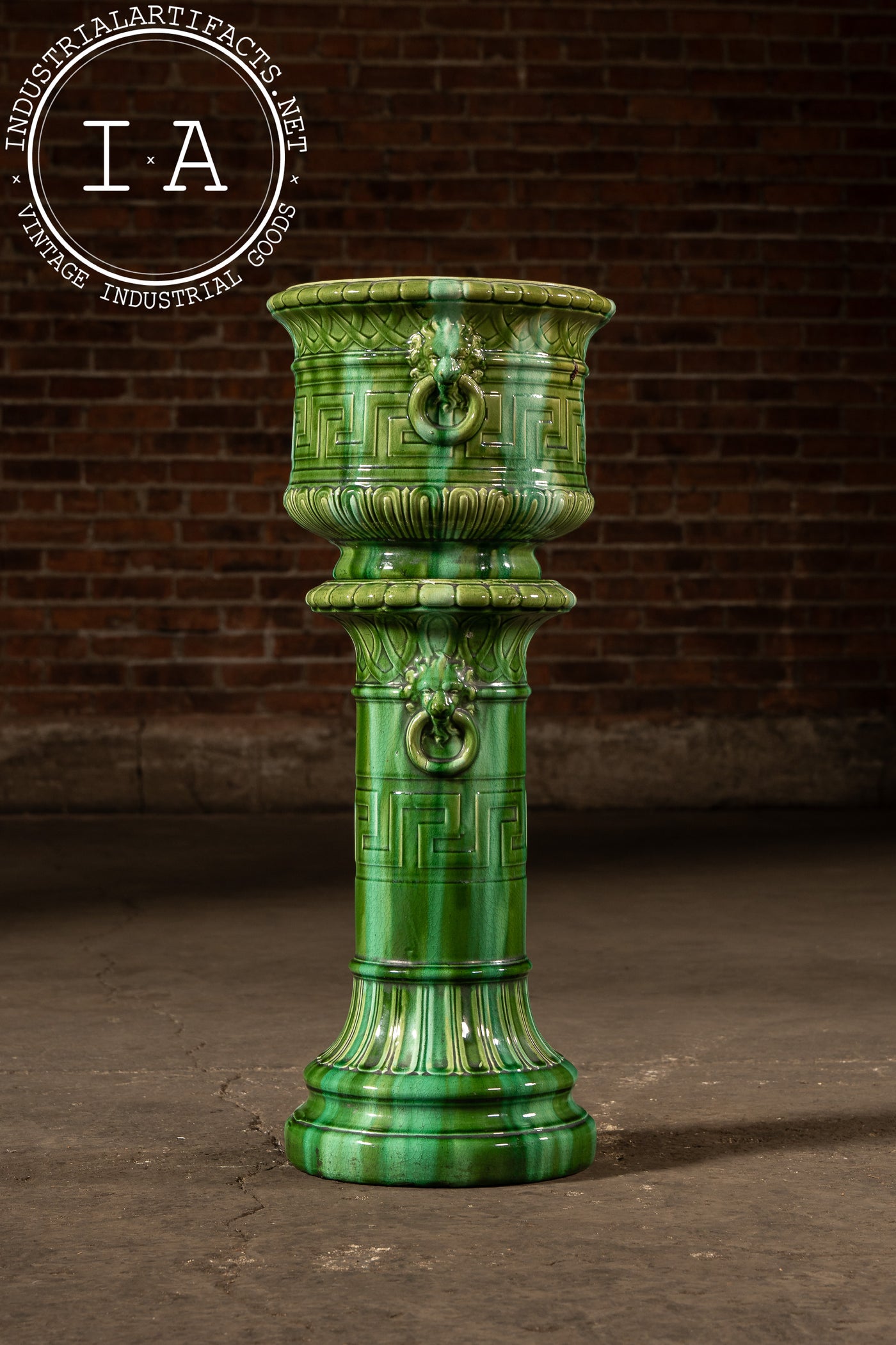 Early 20th Century Brush McCoy “Green Onyx” Majolica Pedestal & Planter Set