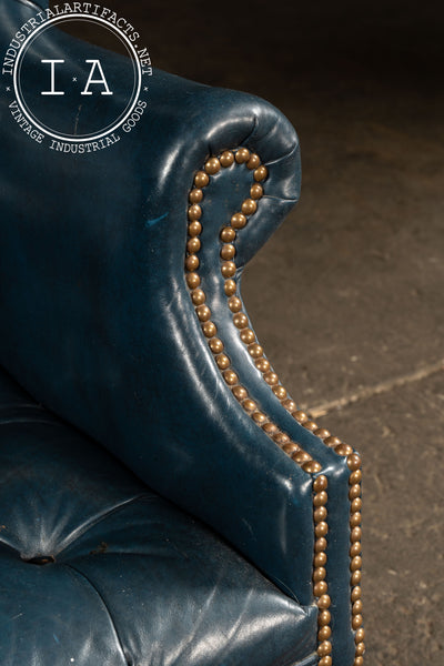 Vintage Tufted Leather Chesterfield Wingback Armchair in Blue