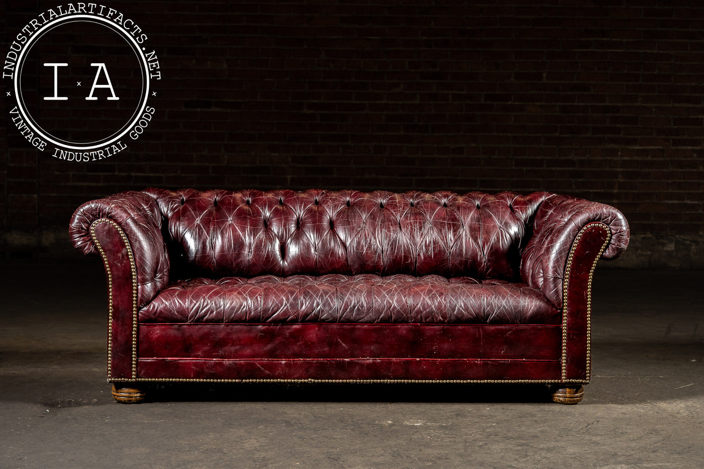 Deep Oxblood Leather Chesterfield Sofa with Nailhead Trim