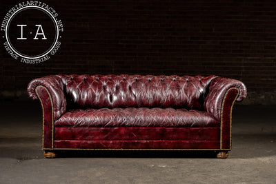 Deep Oxblood Leather Chesterfield Sofa with Nailhead Trim