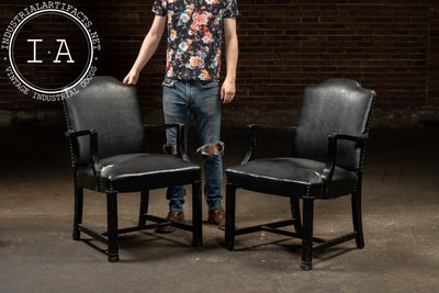 Pair Of Black Leather Revival Armchairs with Nailhead Trim