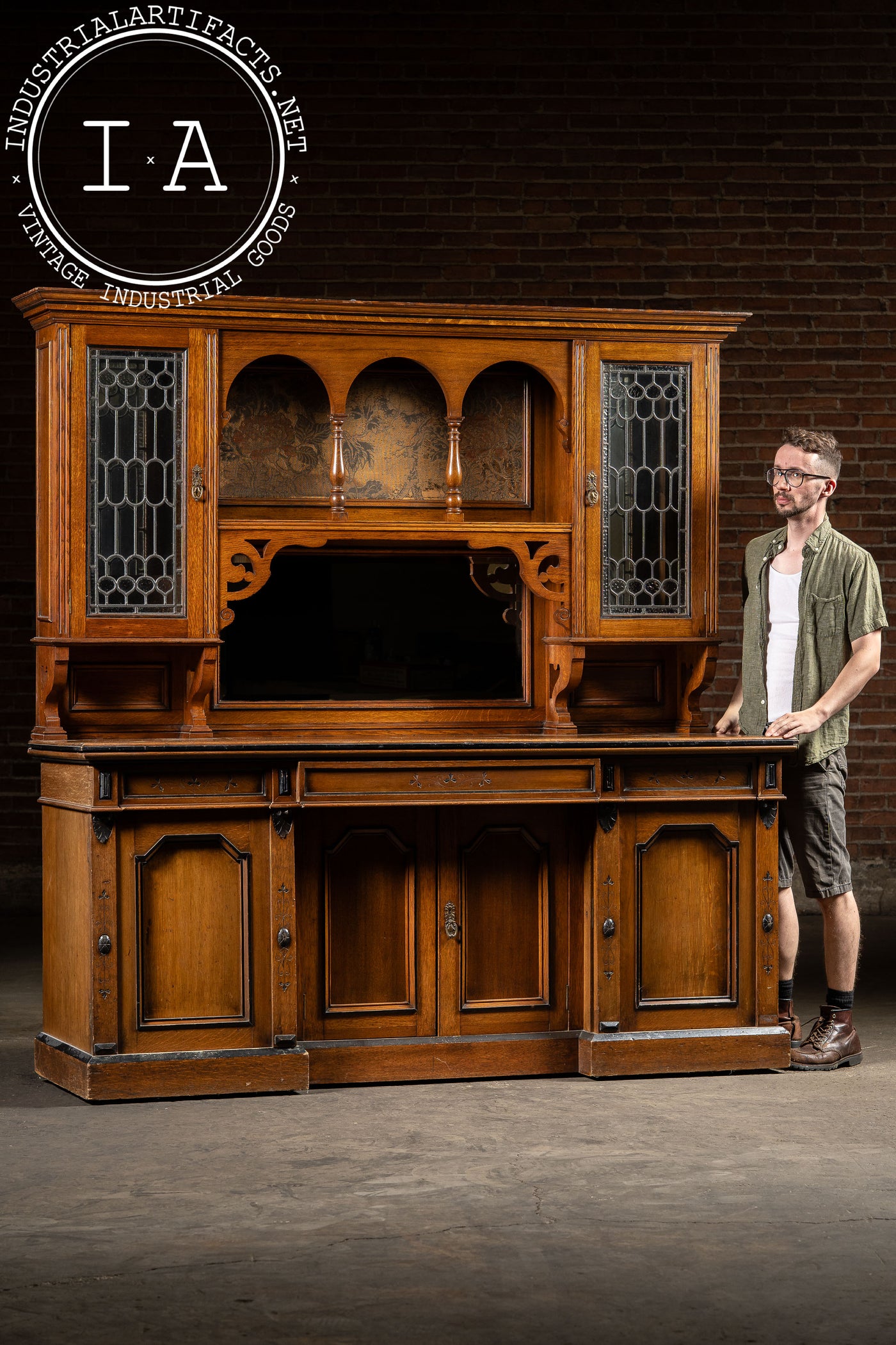Victorian Gothic Revival Oak Sideboard Hutch with Leaded Glass Doors