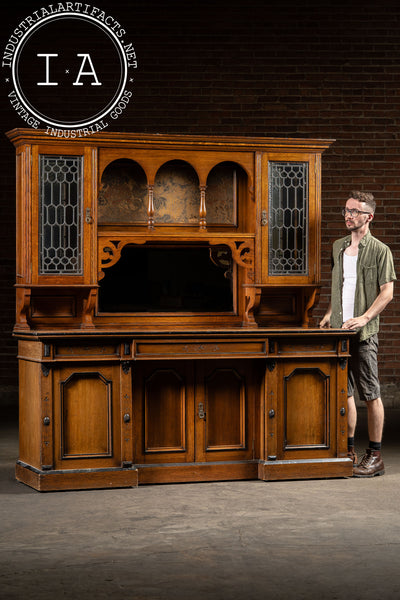 Victorian Gothic Revival Oak Sideboard Hutch with Leaded Glass Doors