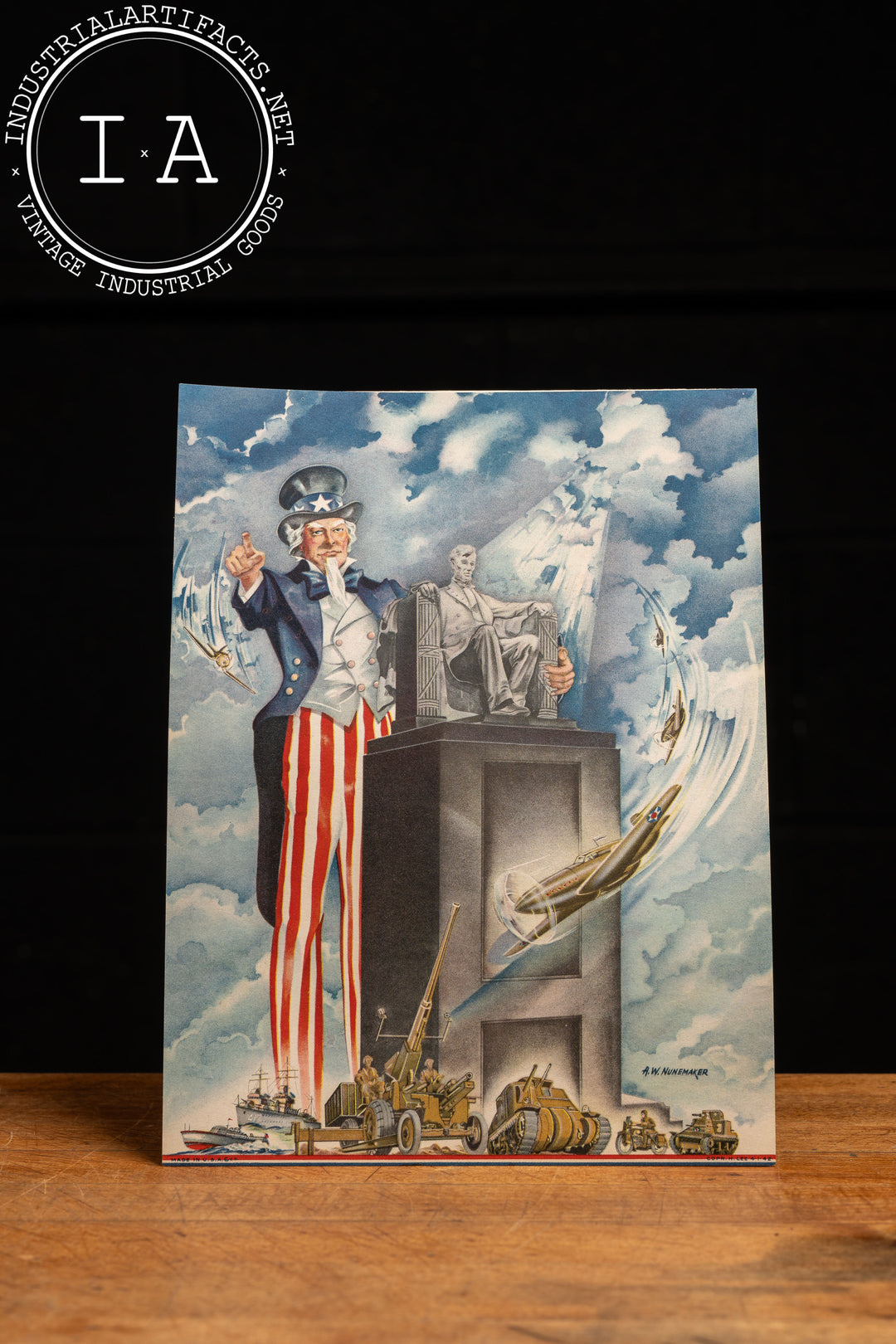 Uncle Sam and Lincoln | Vintage Original WWII-Era Litho Print