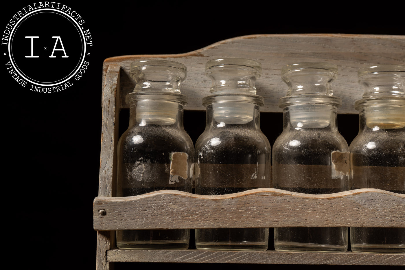 Early Apothecary Bottle Rack with Twelve Glass Stoppered Vials