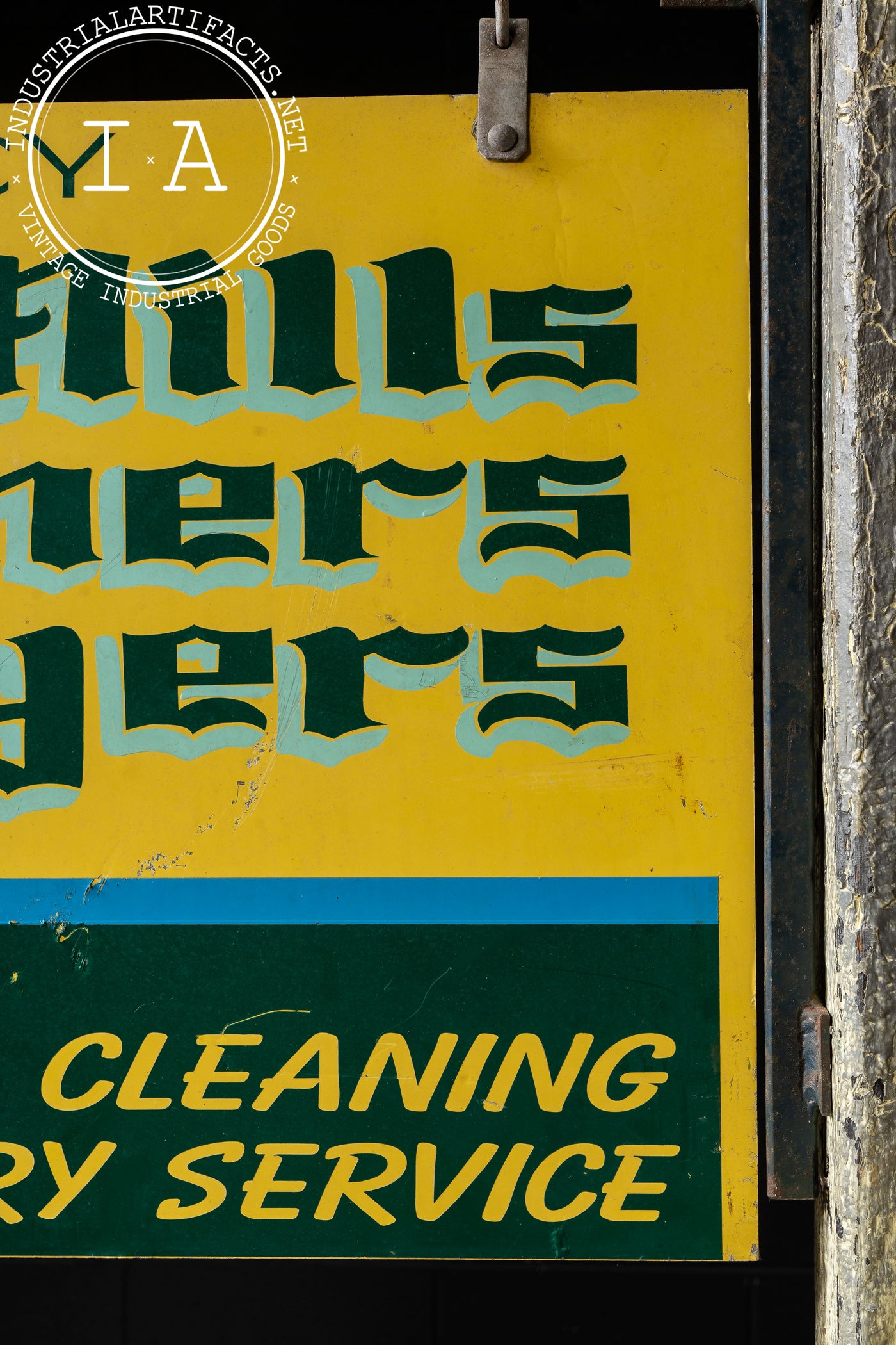 Vintage Lake Mills Cleaners Painted Tin Sign on Bracket