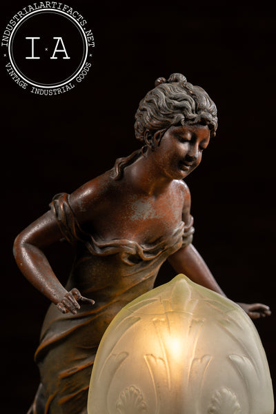 Art Nouveau Figural Lamp with Uranium Glass Shade by Anglade