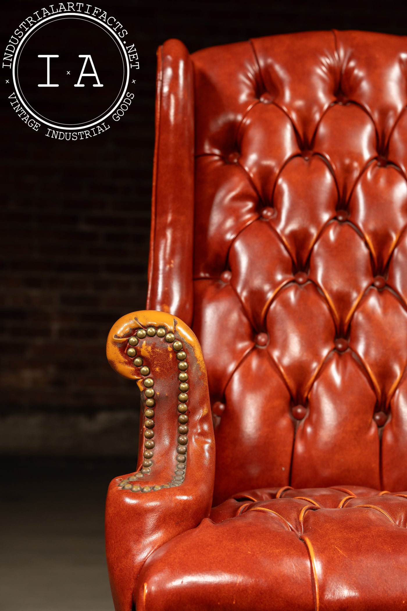 Vintage Wingback Tufted Armchair With Ottoman in Burnt Orange