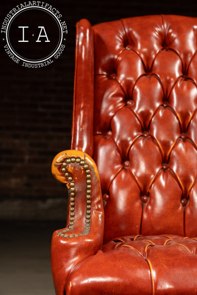 Vintage Wingback Tufted Armchair With Ottoman in Burnt Orange