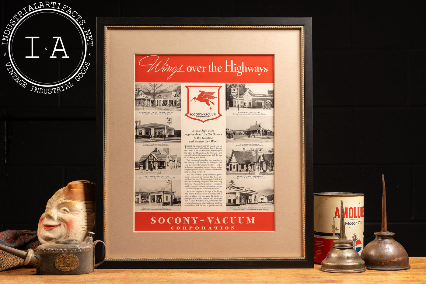 c. 1930 Framed Socony Vacuum Wings Over The Highways Ad