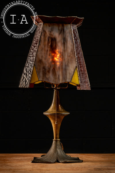 Art Nouveau Bronze and Slag Glass Table Lamp