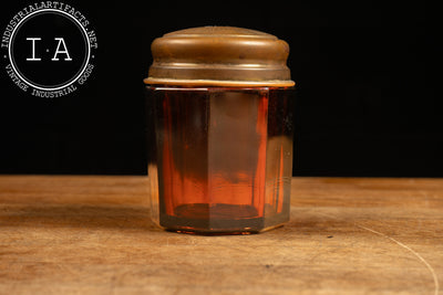 Antique Amber Glass Snuff Jar with Etched Brass Lid