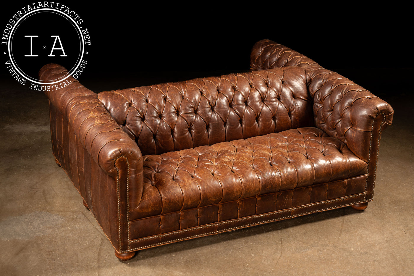 Vintage Double-Sided Leather Chesterfield Sofa in Caramel