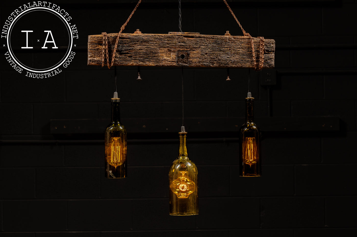 Reclaimed Bottle Chandelier with Rustic Beam Mount