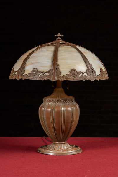 Antique Bronze and Slag Glass Table Lamp