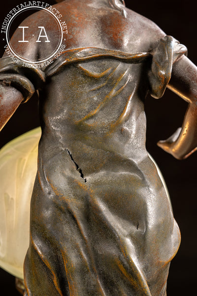 Art Nouveau Figural Lamp with Uranium Glass Shade by Anglade