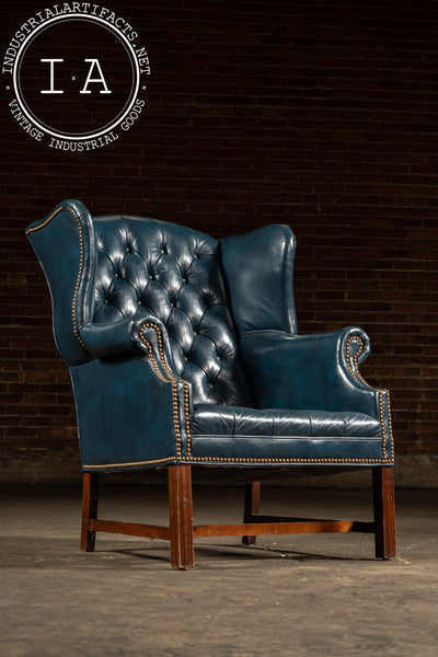 Vintage Tufted Leather Chesterfield Wingback Armchair in Blue