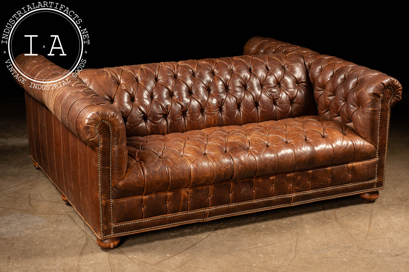 Vintage Double-Sided Leather Chesterfield Sofa in Caramel