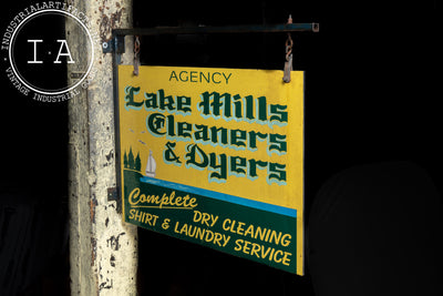 Vintage Lake Mills Cleaners Painted Tin Sign on Bracket