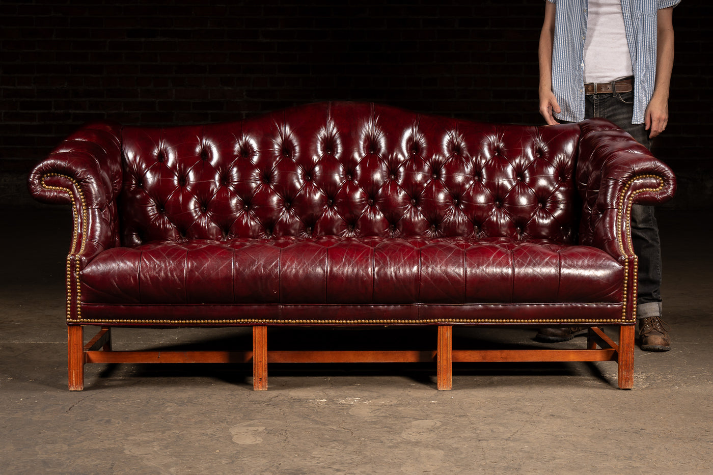 Vintage Chippendale-Style Camelback Chesterfield Leather Sofa in Oxblood