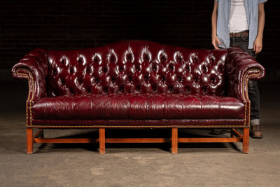 Vintage Chippendale-Style Camelback Chesterfield Leather Sofa in Oxblood