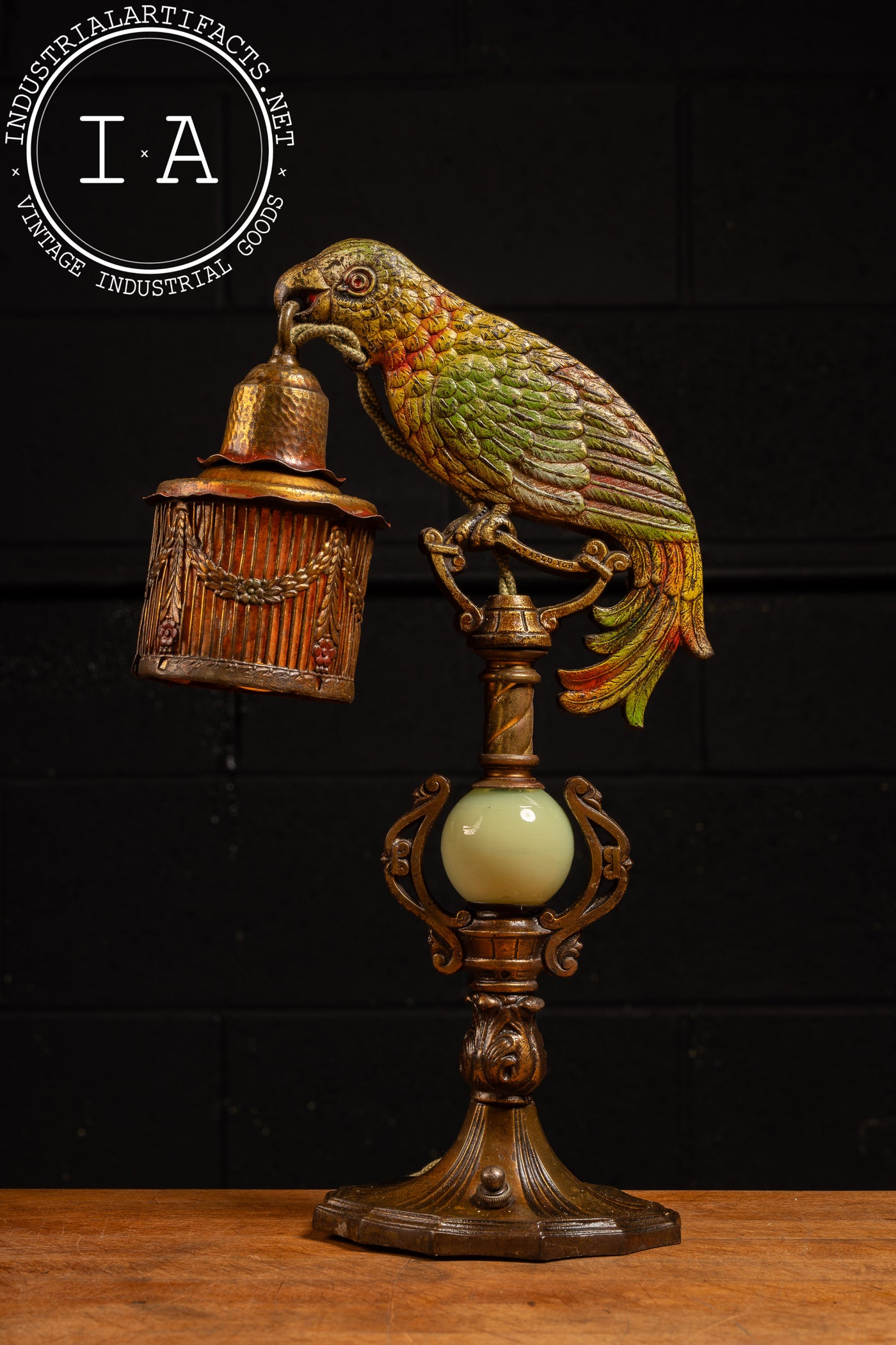 Pair of Antique Art Deco Cold-Painted Brass Parrot Lamps